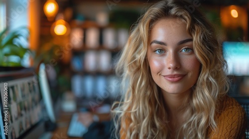 Portrait of beautiful young woman sitting at cafe and looking at camera