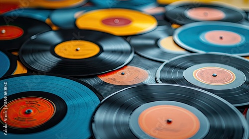 A collection of colorful vinyl records spread out on a surface, showcasing a nostalgic music theme.
