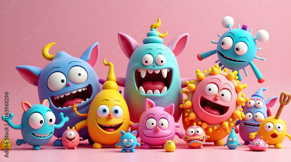 A group of cheerful, colorful 3D cartoon monsters with various expressions and features posing together against a pink background. A group of cheerful, colorful 3D cartoon monsters with various expressions and features posing together against a pink background.