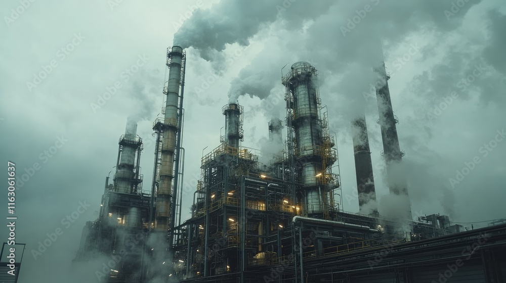 Industrial Plant Emissions: A view of an industrial plant emitting smoke and steam into the atmosphere, highlighting the environmental impact of heavy industry. Industrial Plant Emissions: A view of an industrial plant emitting smoke and steam into the atmosphere, highlighting the environmental impact of heavy industry.