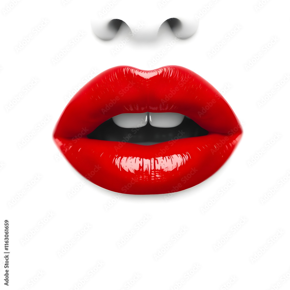 Close-Up of Vibrant Red Lips with Glossy Finish Against a Minimal White Background Close-Up of Vibrant Red Lips with Glossy Finish Against a Minimal White Background