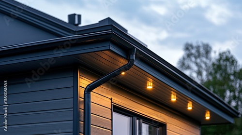 Modern House Exterior with Illuminated Soffit Lighting at Dusk