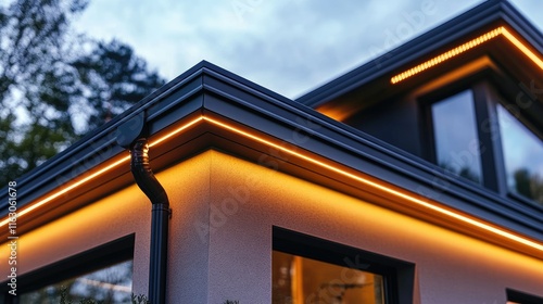 Modern House Exterior Illumination: LED Strip Lighting Accentuating Roofline and Gutter at Dusk