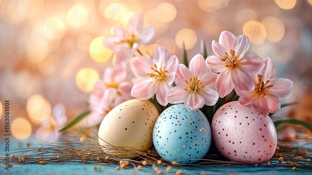 Obraz premium Delicate pastel bokeh background with spring flowers and Easter eggs. Banner for Easter holidays