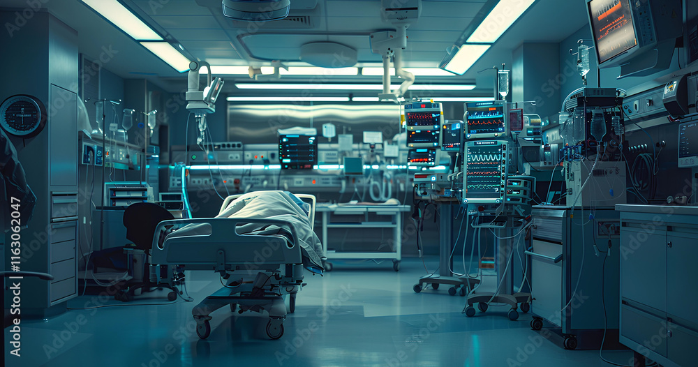 Medical facility equipped with advanced technology showcases a patient receiving care in an emergency room setting during nighttime hours Medical facility equipped with advanced technology showcases a patient receiving care in an emergency room setting during nighttime hours