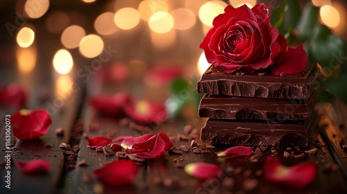Dark Chocolate Squares and Red Rose Petals