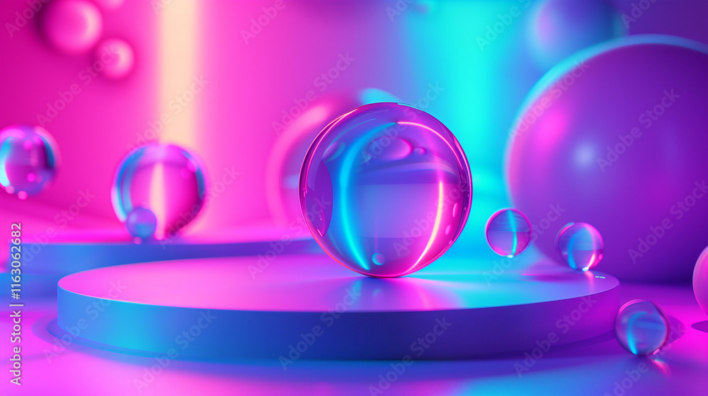 Vibrant Abstract Illustration with Neon Colors and Glass Spheres on Geometric Platforms for Modern Design Vibrant Abstract Illustration with Neon Colors and Glass Spheres on Geometric Platforms for Modern Design