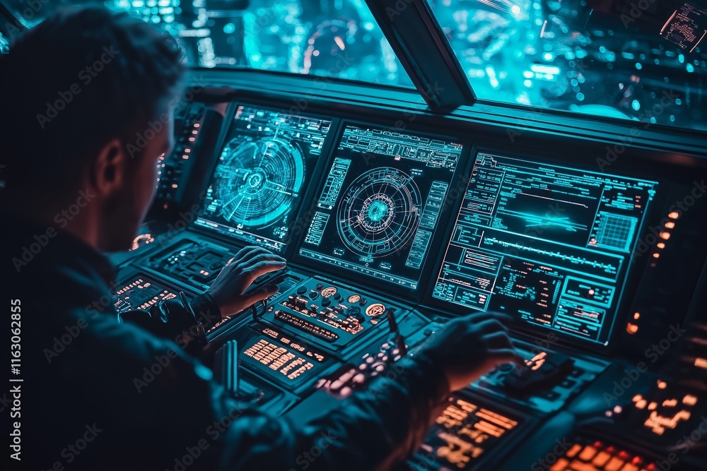 Fototapeta premium Pilot in spaceship control room