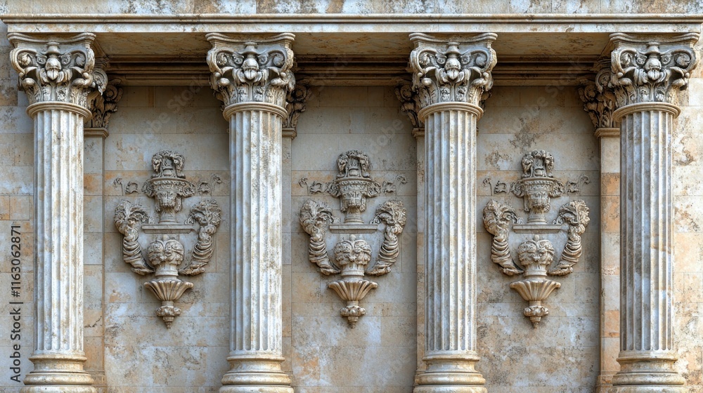 Obraz premium Antique columns and ornate carvings on a weathered stone wall.