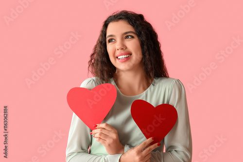 Happy young woman with red ...