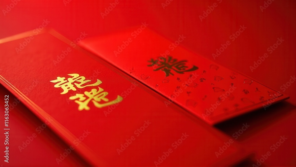 A vibrant red envelope adorned with golden Chinese characters and intricate designs, symbolizing prosperity and celebration on a red background. Generative, AI,