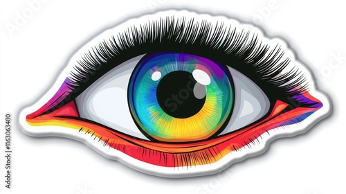 A colorful, artistic representation of an eye with vibrant hues and detailed eyelashes.