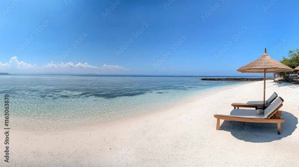 Fototapeta premium Stunning beachfront scene with sun loungers, clear ocean, and bright sky for travel promotions