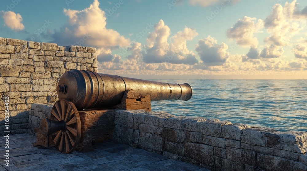 A cannon sits on a stone wall overlooking the ocean at sunset. A cannon sits on a stone wall overlooking the ocean at sunset.