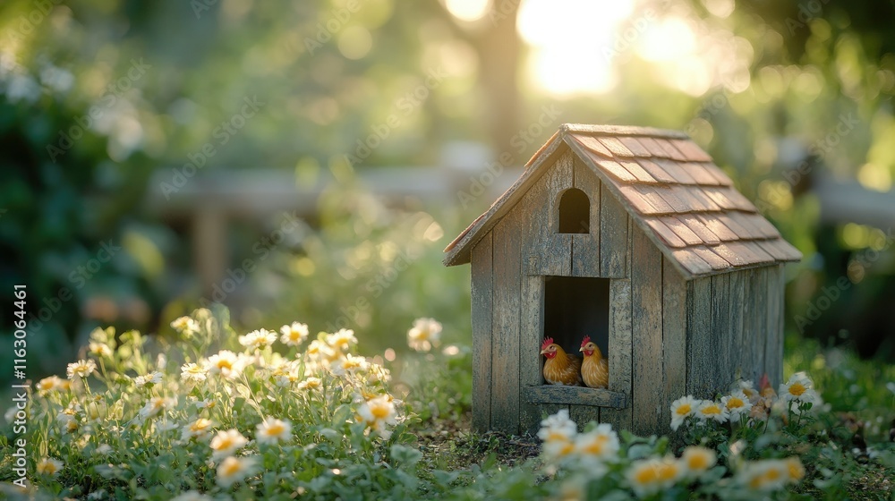 Charming Chicken Coop in a Blooming Garden at Sunset Charming Chicken Coop in a Blooming Garden at Sunset