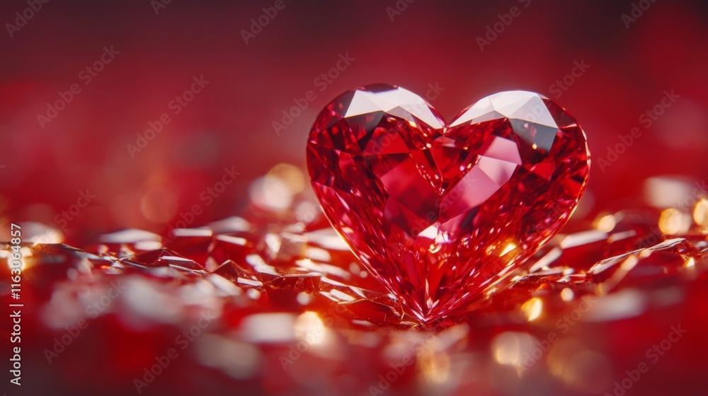 A Sparkling Red Heart Shaped Gemstone Rests On Crystals