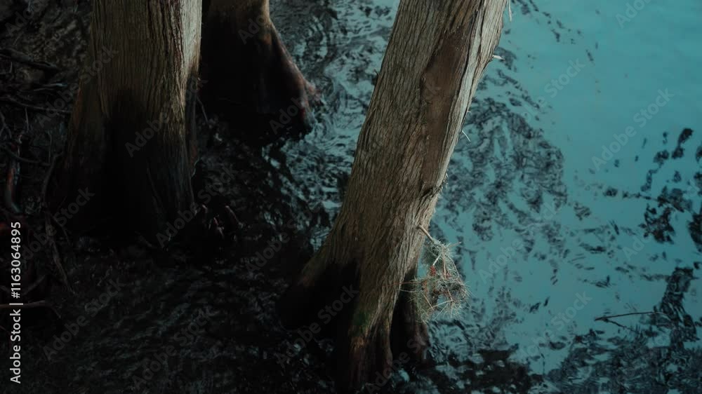 Close-up shot of cypress tree trunks partially submerged in water, highlighting their rugged bark