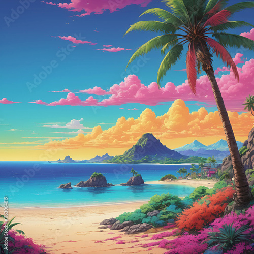 Tropical beach with palm trees. Vibrant colors