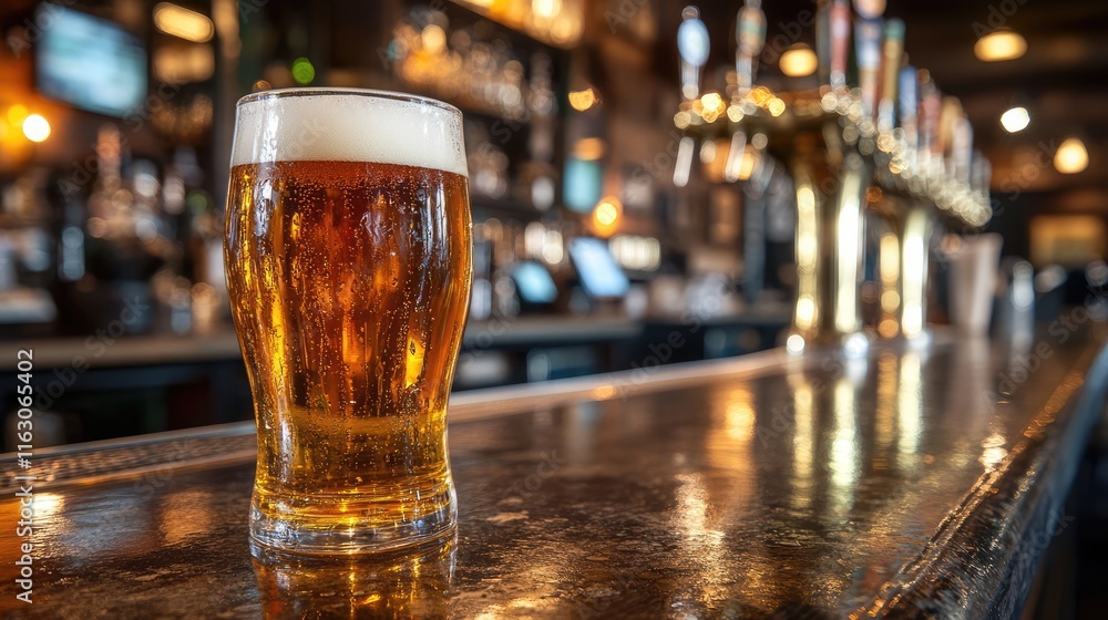 A glass of beer on the bar counter is in the foreground, with a bar blurred background. A glass of beer on the bar counter is in the foreground, with a bar blurred background.