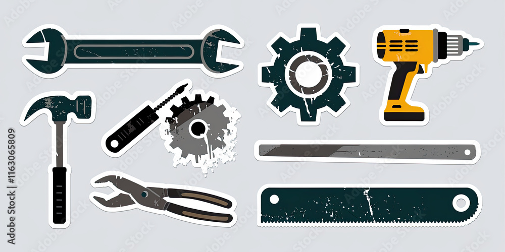 Fototapeta premium Tools Stickers Wrench Hammer Drill Saw Pliers Gear Screwdriver DIY Repair Mechanic Construction