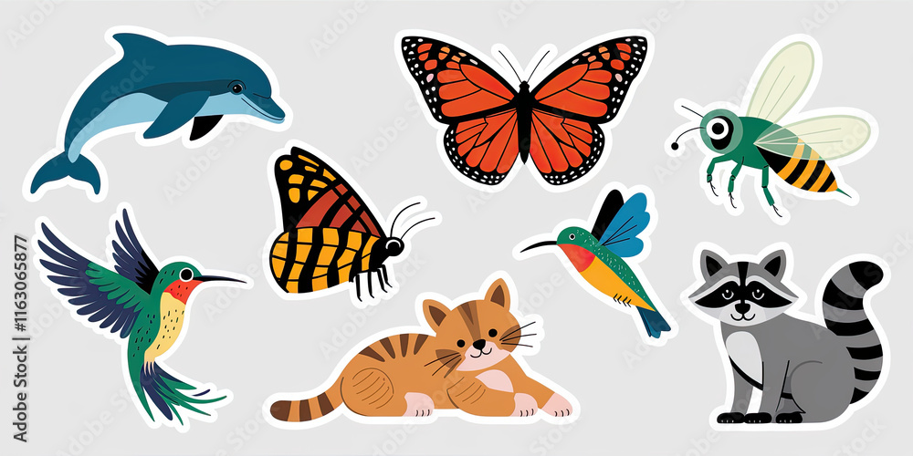 Fototapeta premium Adorable Animal Stickers Cute Cat Butterfly Hummingbird Bee Dolphin Raccoon