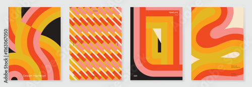 Collection of 70s poster background vector. Set of retro wall decoration, groovy, trippy, colorful line. Vintage hippie wall art for interior, decorative, banner, cover, card.
