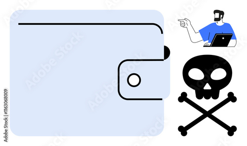 Man with laptop points at wallet and skull and crossbones icons, symbolizing digital fraud, cybersecurity, and financial risks. Ideal for IT security, online threats, financial safety, antivirus