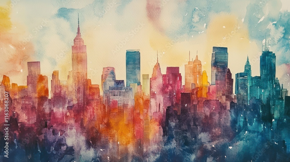 Obraz premium Watercolor painting of a city skyline with skyscrapers and colorful clouds in the background.