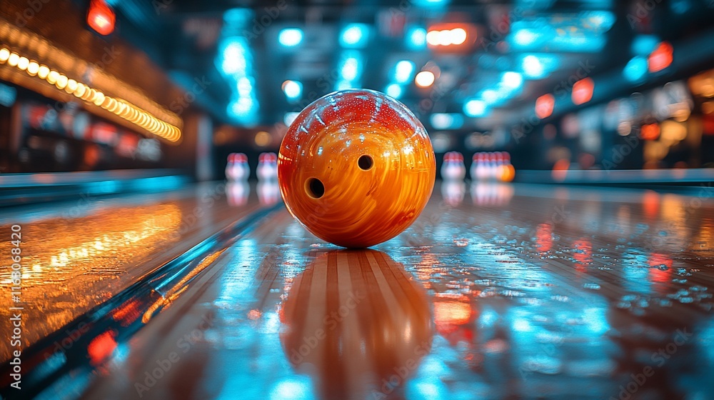 Bowling Ball on a Shiny Lane in a Vibrant Bowling Alley Bowling Ball on a Shiny Lane in a Vibrant Bowling Alley