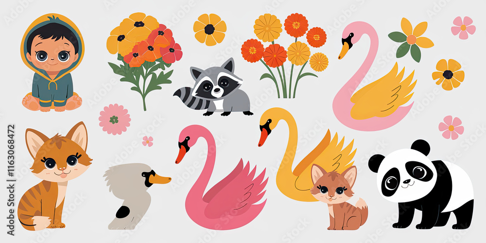 Naklejka premium Cute Baby Animals Flowers Illustration Nursery Decor Kids Art Spring Design