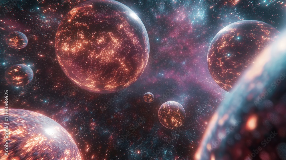 Fototapeta premium Vibrant cosmic spheres floating through a colorful galaxy filled with stars and nebulae.