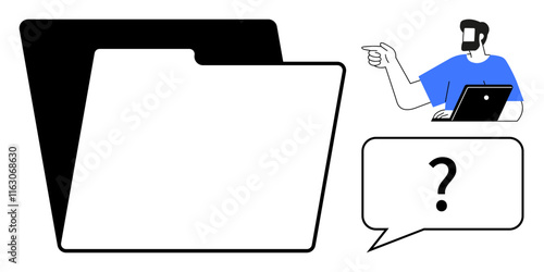 Man pointing while using laptop, large folder icon, question mark in speech bubble. Ideal for document management, organization, data analysis, questioning, problem-solving, guidance tech support