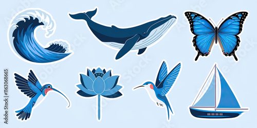 Blue Ocean Life Stickers Whale Wave Butterfly Hummingbirds Lotus Sailboat photo