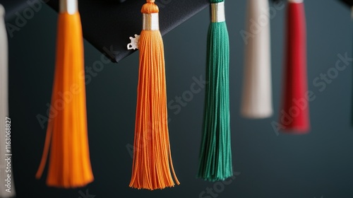 Wallpaper Mural Graduation cap and hat moment, A vibrant display of colorful tassels hanging against a dark background, showcasing various textures and shades in orange, green, red, and cream. Torontodigital.ca