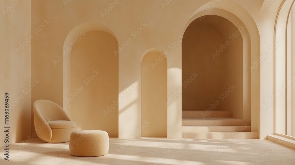 Calm beige room with arches, chair, and ottoman. Calm beige room with arches, chair, and ottoman.