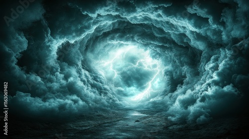 Fototapeta Naklejka Na Ścianę i Meble -  Dramatic swirling storm clouds over dark ocean with lightning.