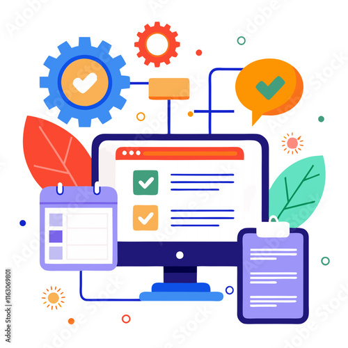 Web page programming with computer graphics illustrating workflows, tools, and elements for developers and designers