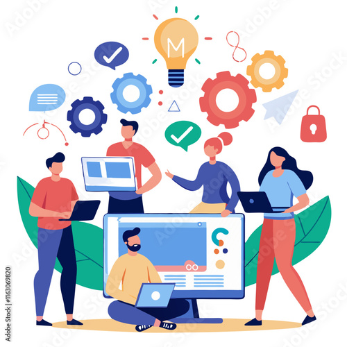 Team collaborates using digital tools for innovative brainstorming session at creative workspace