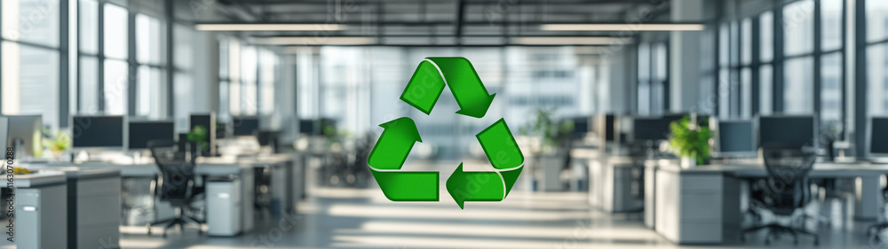 Obraz premium Recycling symbol in an office environment symbolises a sustainable working environment, created with generative AI technology