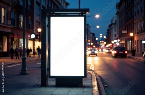 Blank white vertical digital billboard poster on spring city street bus stop sign at night. Street advertising bus stop mockup 