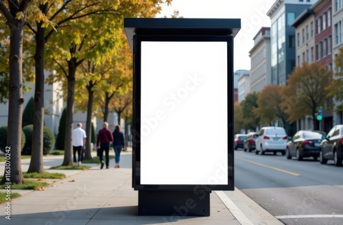 Blank white vertical digital billboard poster on spring city street bus stop sign at night. Street advertising bus stop mockup  photo