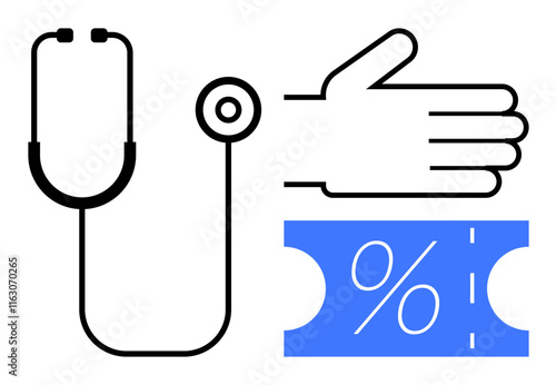 Stethoscope symbolizing healthcare support, extended hand representing assistance, and blue discount ticket with percentage sign. Ideal for healthcare, assistance, medical support, discounts