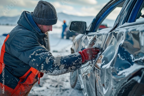 Expert mechanic using spotter tool to repair car body panel after accident in auto shop photo