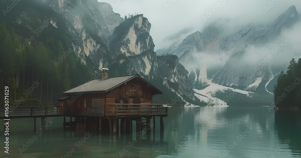 Fototapeta premium Cozy wooden cabin by the serene lake surrounded by majestic mountains and misty atmosphere in early morning light