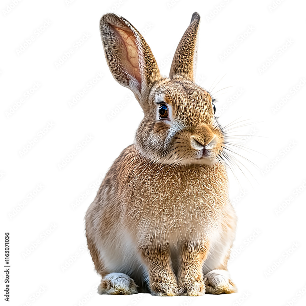 Fototapeta premium Rabbit is sitting on the ground with its ears up.