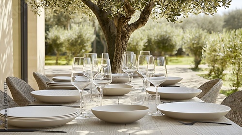 Elegant outdoor dining setting with neutral tableware under olive tree.