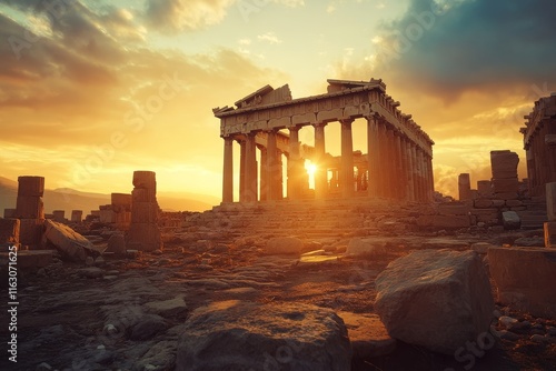 Fototapeta Naklejka Na Ścianę i Meble -  Majestic sunset over the parthenon  a serene view of ancient greek architecture on the acropolis