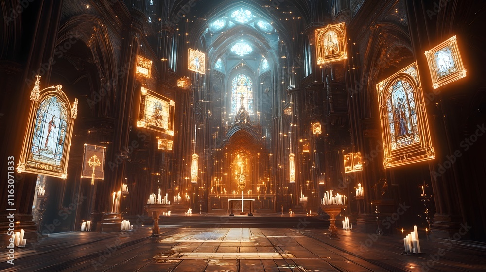 Majestic Wooden Cathedral Bathed in Ethereal Glow of Stained Glass and Candlelight Majestic Wooden Cathedral Bathed in Ethereal Glow of Stained Glass and Candlelight
