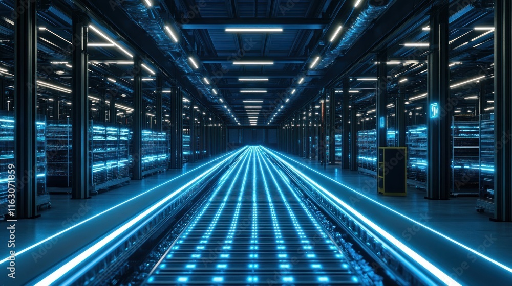 A futuristic and modern server room with glowing blue lights illuminating the walkway. A futuristic and modern server room with glowing blue lights illuminating the walkway.