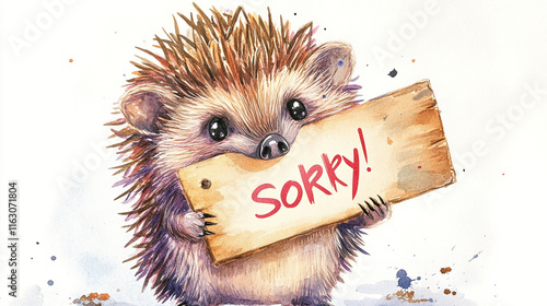 hedgehog hold a sign with the word sorry